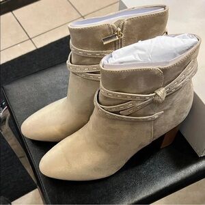 Bandolino Neutral Taupe Suede Ankle Boots with Wrapped Strap Detail
